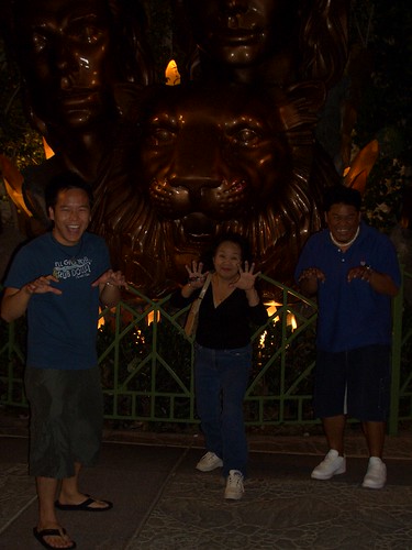 Chris, Auntie, and Mel posing in front of a tiger statue